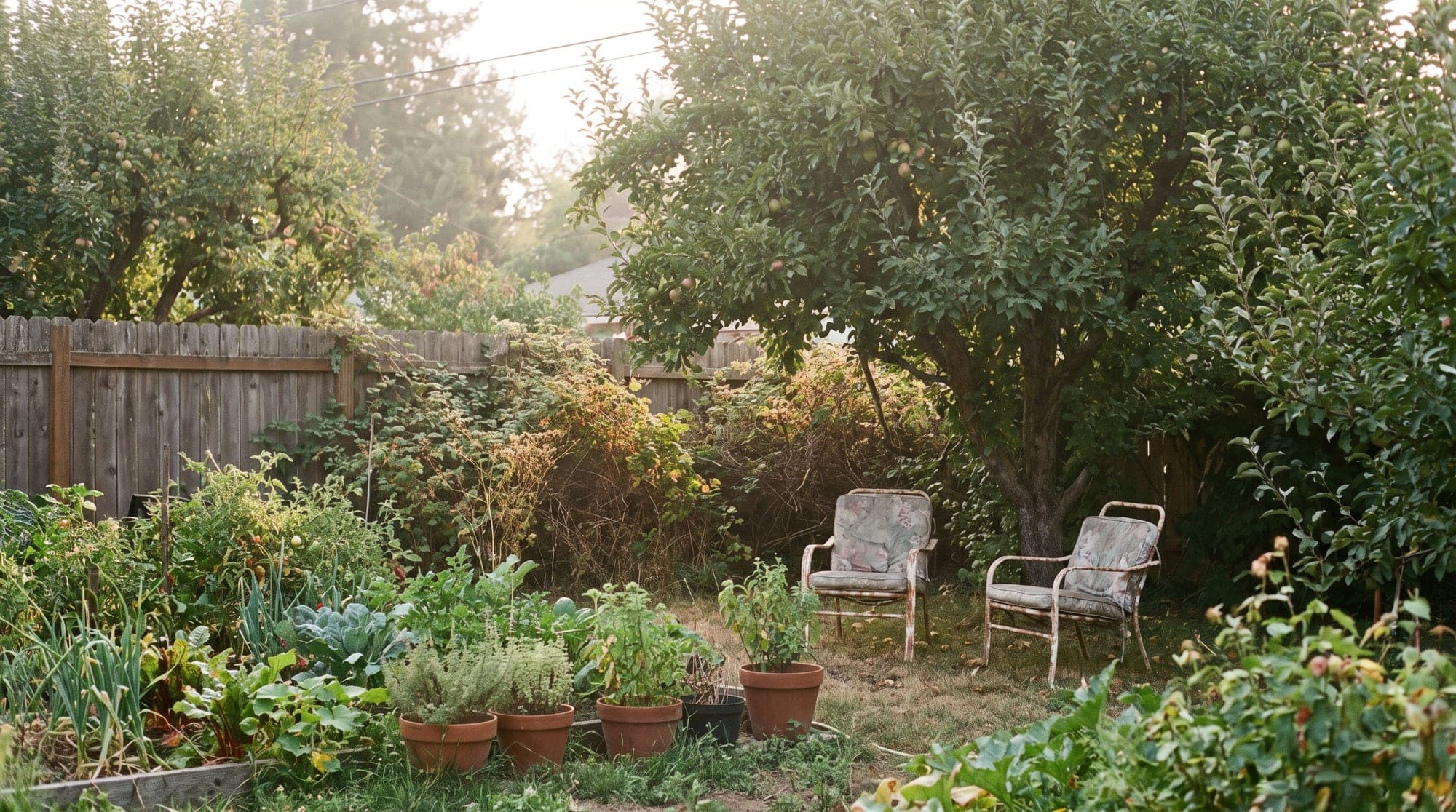 A lush backyard garden at golden hour with a hint of patio seating in the distance