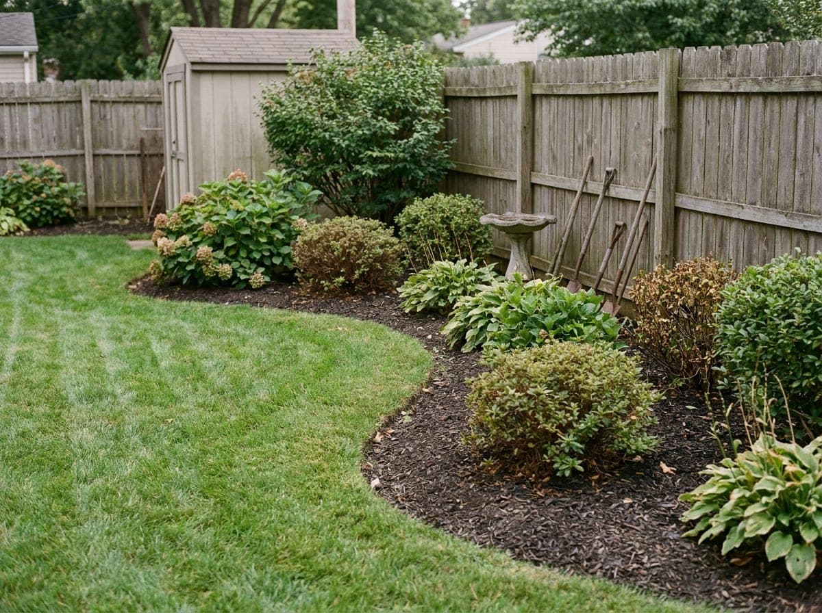 A manicured backyard with a striped lawn and curved mulch beds at golden hour