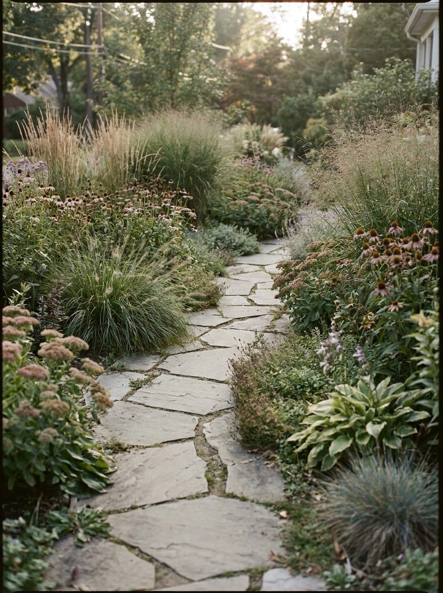A stone garden path lined with blooming perennials and ornamental grasses