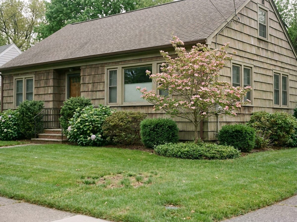 A front-of-house landscape with an edged lawn and a flowering ornamental tree