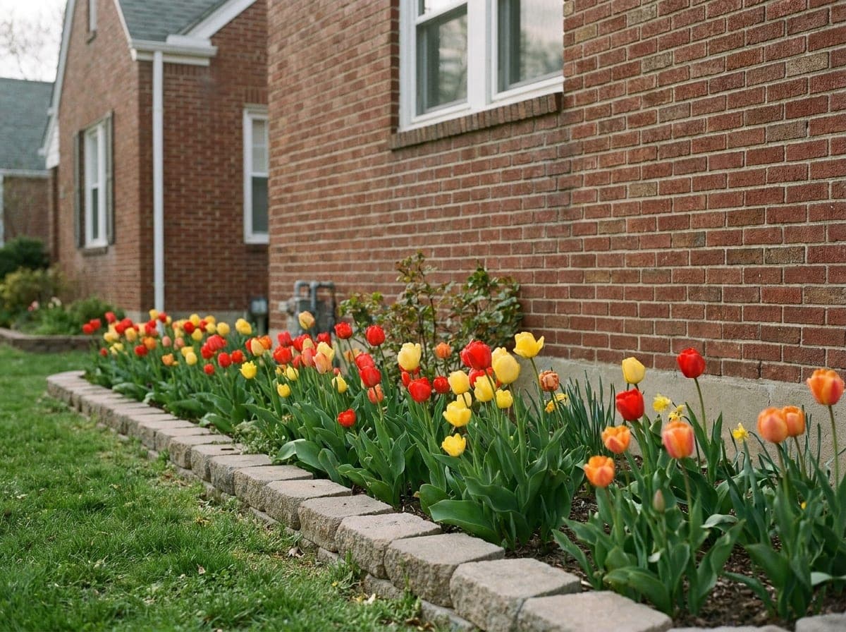 A fresh spring garden bed with tulips and clean edging along a brick home