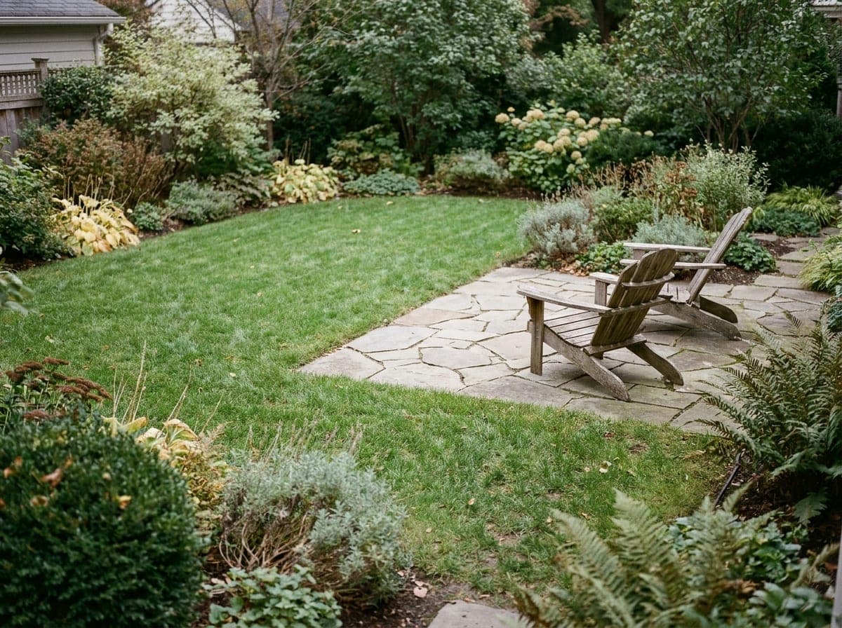 A wide backyard with a striped lawn, stone patio seating, and layered plantings