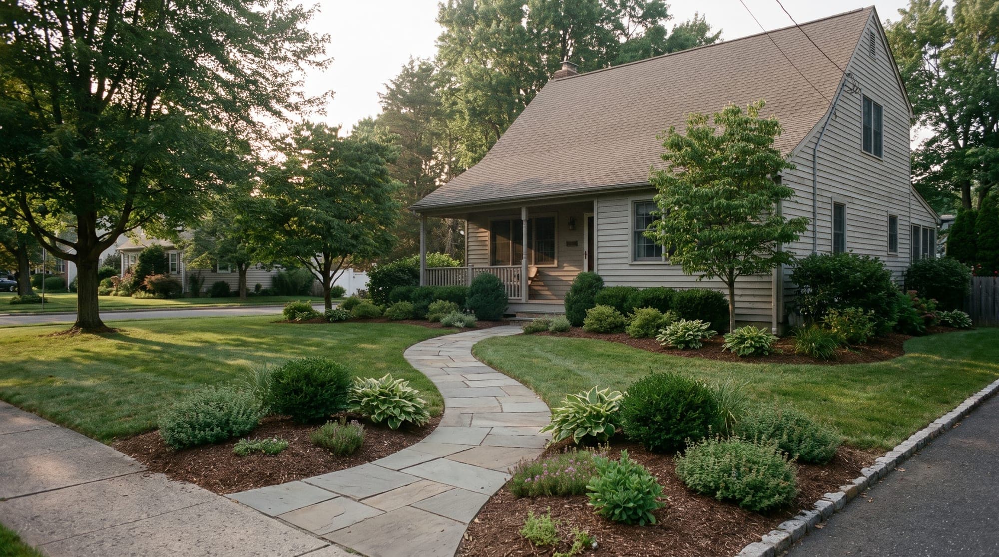 A beautifully landscaped New Jersey front yard with a striped lawn, garden beds, and a stone walkway at golden hour