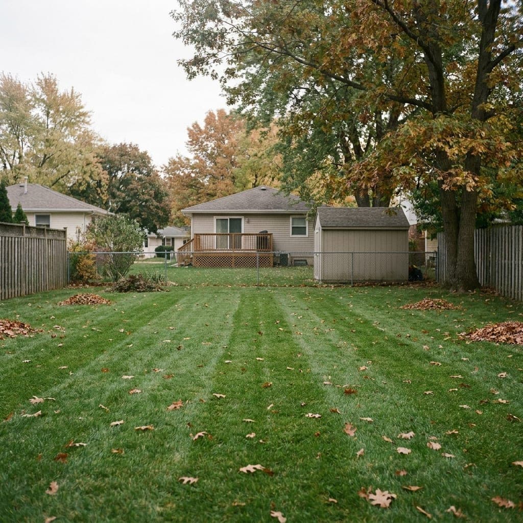 A freshly cleaned-up suburban yard with raked lawn and clean garden beds