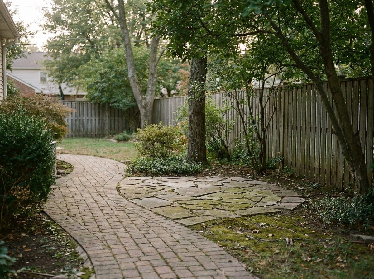 A paver patio and natural stone walkway winding through a landscaped yard