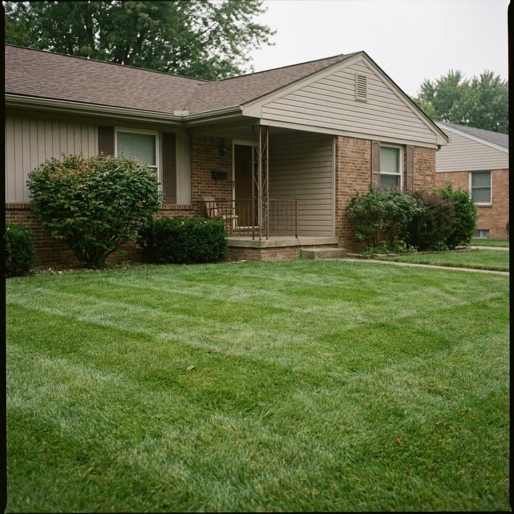 A freshly mowed green lawn with clean mower stripes beside a suburban home