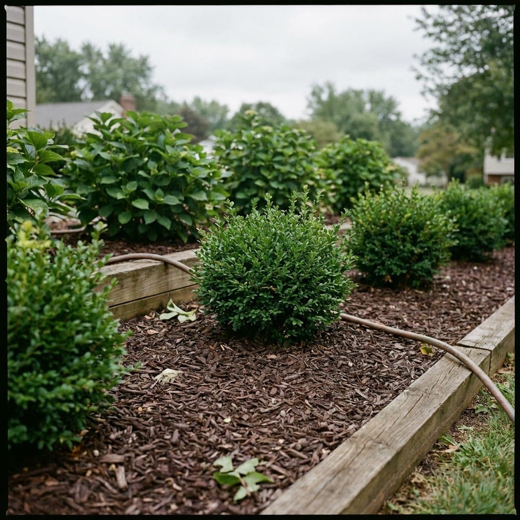 A freshly mulched garden bed with crisp clean edges around green shrubs