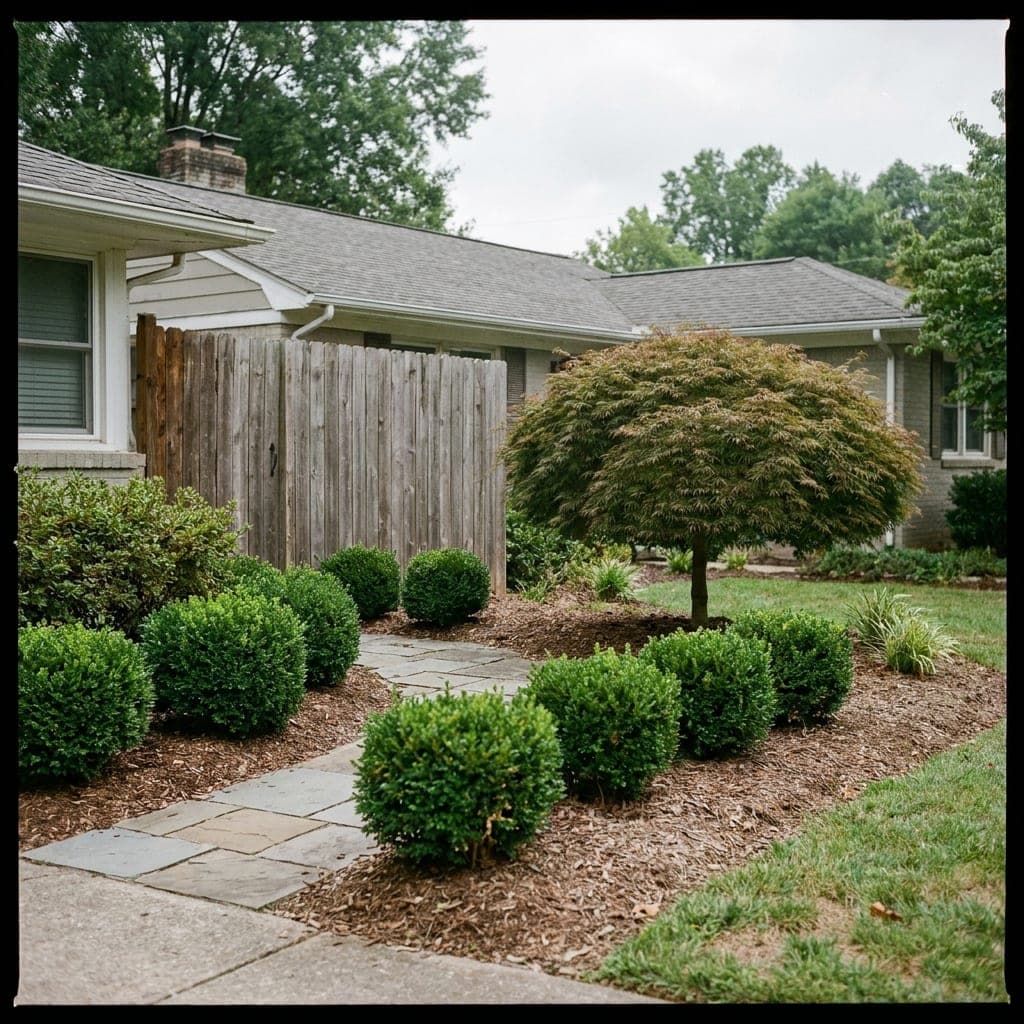 Neatly trimmed shrubs and a shaped ornamental tree in a tidy front yard